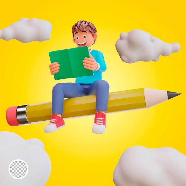 PSD Étudiant en illustration 3d de retour à l'école et étudie dans le ciel