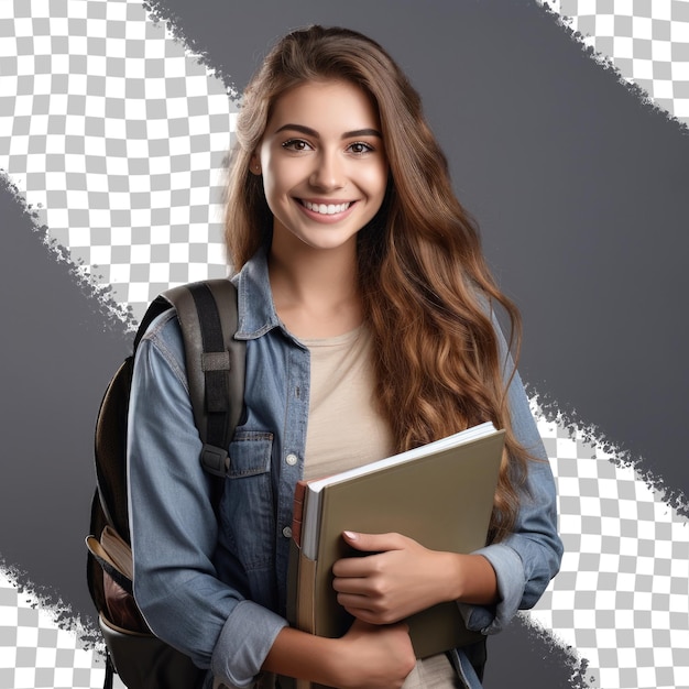 PSD Étudiant souriant écrivant dans un cahier avec des livres fond transparent