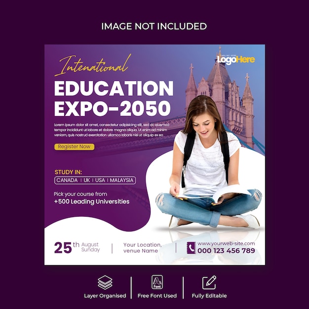 PSD Étudier à l'étranger education expo instagram post ou conception de modèle de publication sur les réseaux sociaux