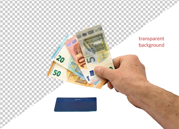 Euro-Banknoten in der Hand mit einer Bankkarte auf weißem Hintergrund