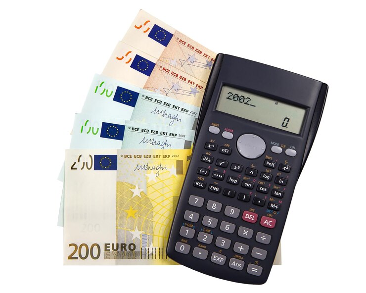 PSD europäisches geld euro mit rechner auf der anzeige des rechners 2002 das jahr der einführung des euro in den umlauf