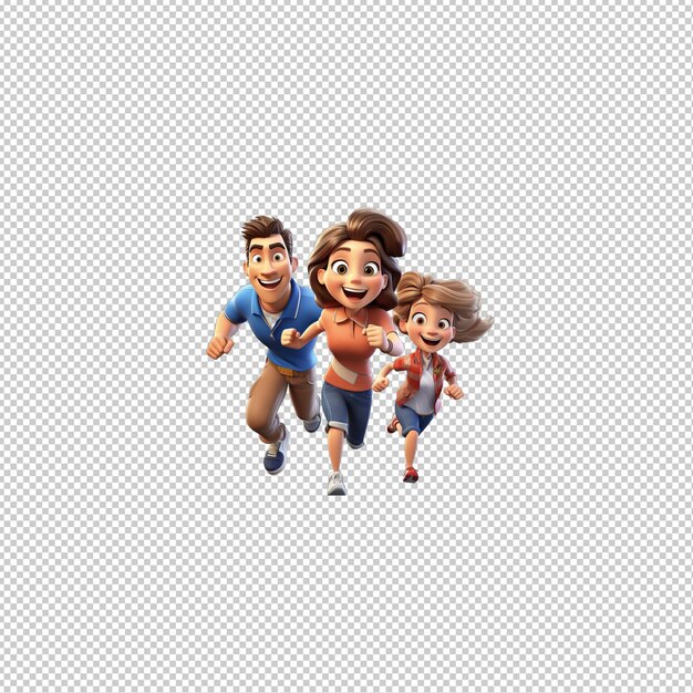 PSD european family running 3d cartoon estilo fundo transparente