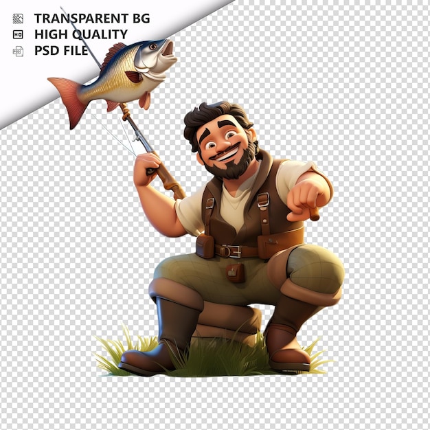 PSD european man fishing 3d cartoon-stil weißer hintergrund ist