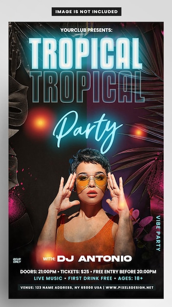 PSD Événement de musique de fête de week-end tropical dj story banner flyer