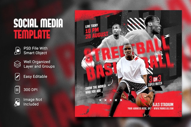 PSD Évènement sportif de basket-ball de rue médias sociaux et modèle de flyer