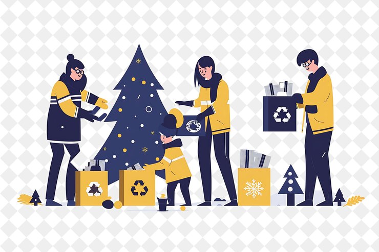 PSD evento de caridad de navidad con personajes donando y ilustrando voluntariamente diseño artístico de navidad