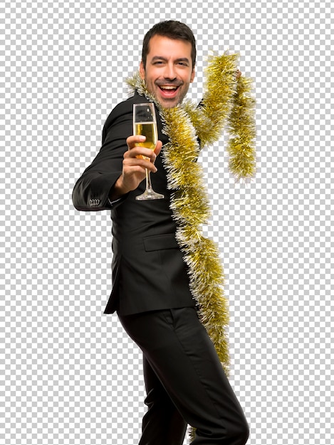 Evento de férias de natal. homem com champanhe comemorando o ano novo 2019