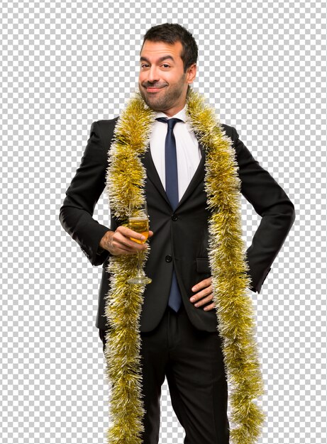 Evento de vacaciones de navidad hombre con champagne celebrando año nuevo 2019