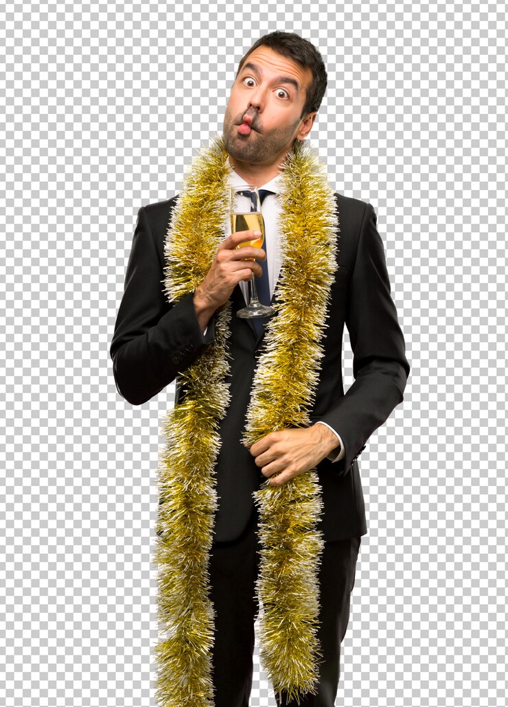 PSD evento de vacaciones de navidad hombre con champagne celebrando año nuevo 2019