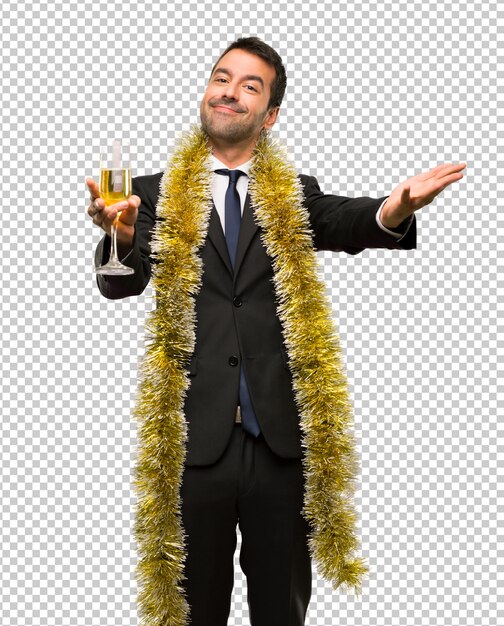 PSD evento de vacaciones de navidad hombre con champagne celebrando año nuevo 2019