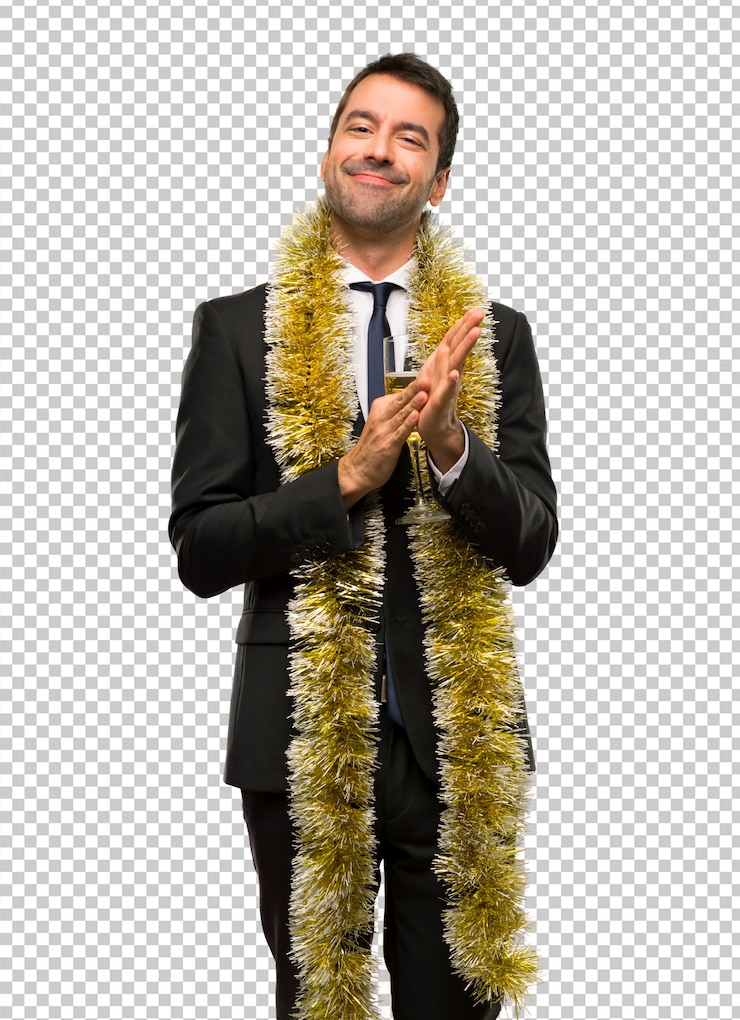 PSD evento de vacaciones de navidad hombre con champagne celebrando año nuevo 2019
