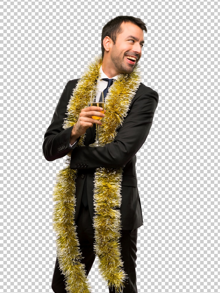 PSD evento de vacaciones de navidad hombre con champagne celebrando año nuevo 2019