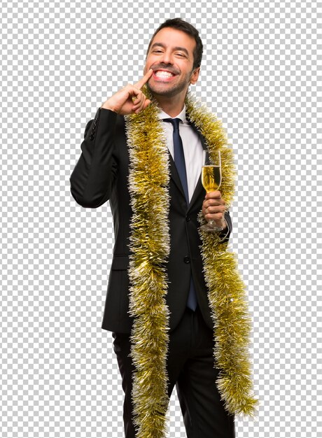 Evento de vacaciones de navidad hombre con champagne celebrando año nuevo 2019