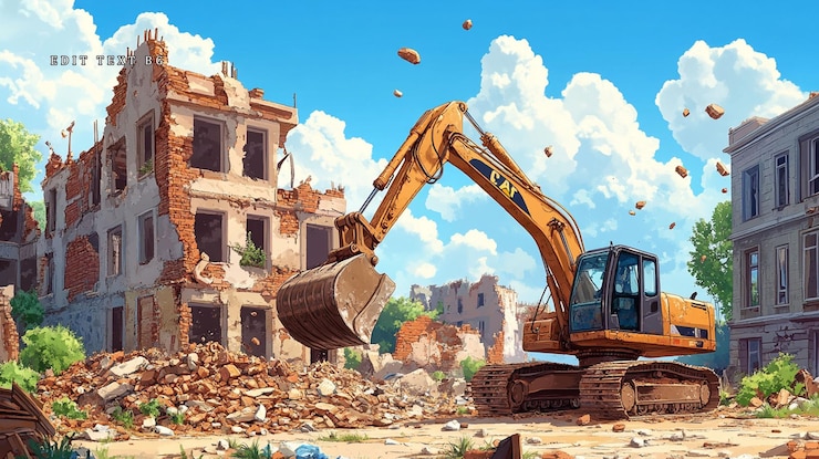 PSD excavadora demoliendo un edificio de ladrillo en medio de escombros urbanos bajo un cielo soleado