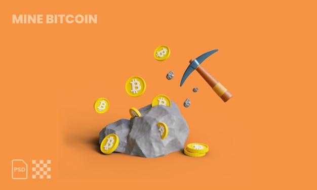 Excavar bitcoins de rocas con pico ilustración 3d rocas minería de bitcoins