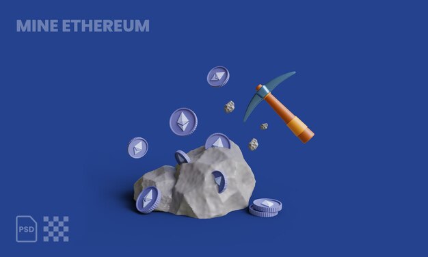 Excavar monedas ethereum de rocas con pico ilustración 3d rocas ethereum mining