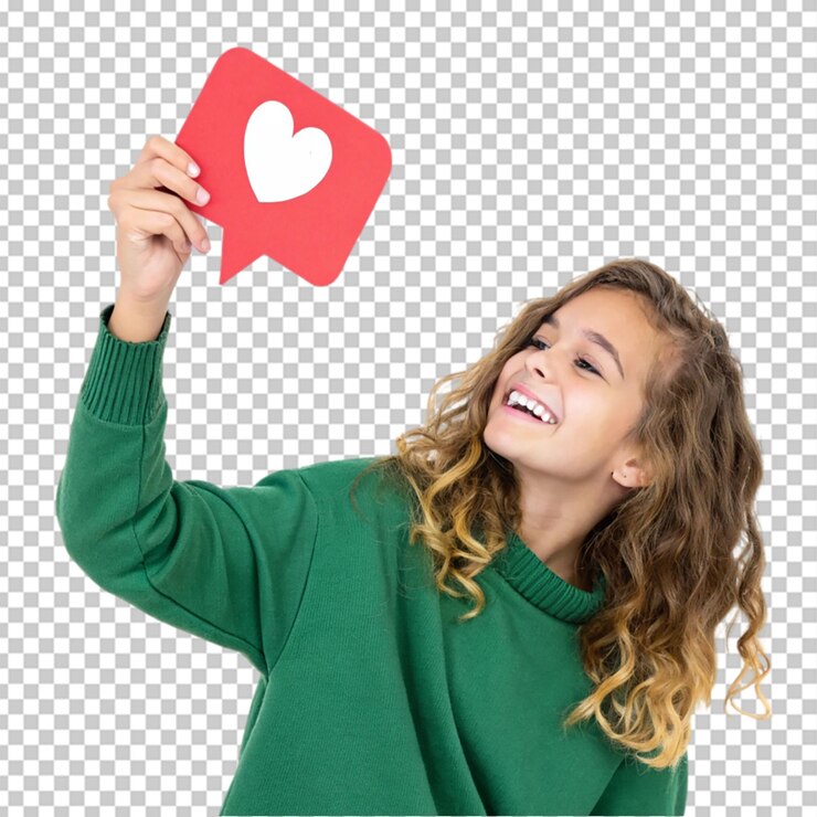PSD excitada y asombrada, la niña comparte contenido popular en las redes sociales mostrando el corazón del blogger como un icono