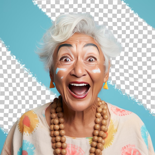 PSD una excitada mujer mayor con cabello rubio de la etnia de los isleños del pacífico vestida con ropa de artista posa en un estilo de close up of eyes contra un fondo azul pastel