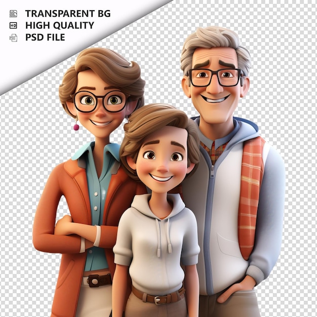 PSD excitante familia blanca en 3d estilo de dibujos animados con fondo blanco