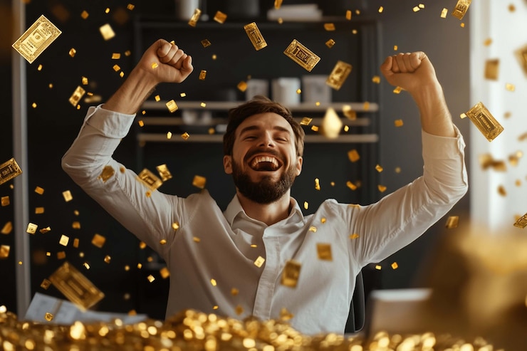 PSD excited man celebrating with arms raised amidst a shower of gold confetti sitting amidst piles of gold expressing joy and triumph