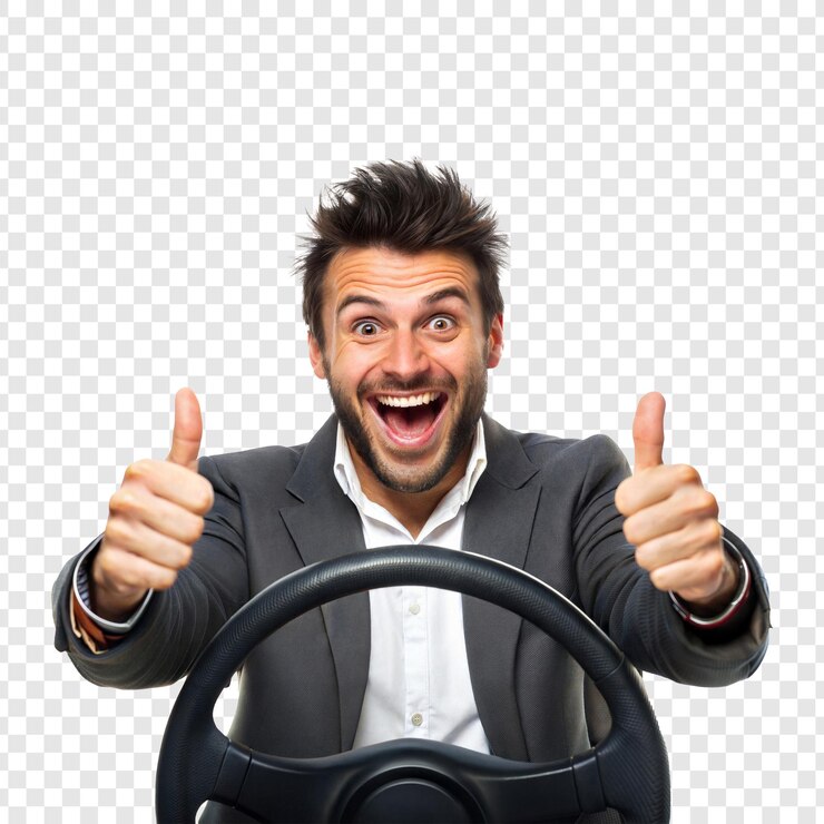 PSD excited man giving thumbs up while driving positive attitude