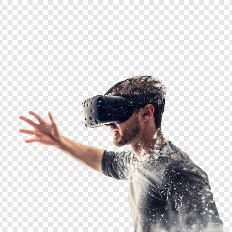 PSD excited man in vr headset enjoying virtual reality on transparent background