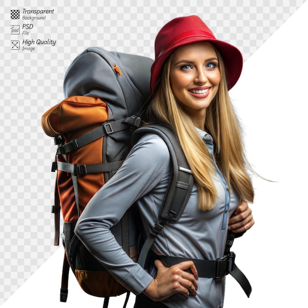PSD una excursionista sonriente con mochila y sombrero rojo en un viaje