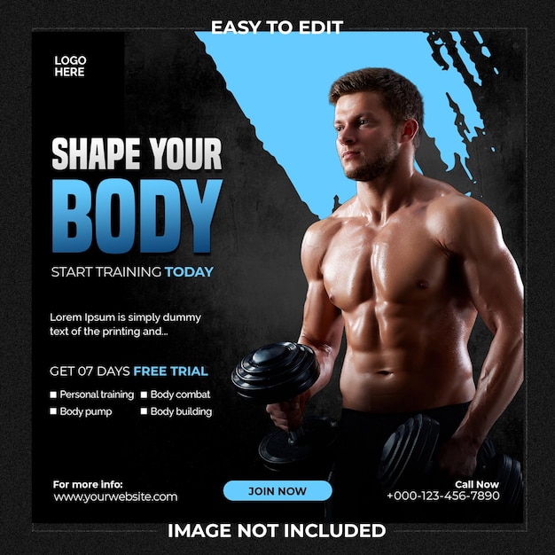 Exercício de ginásio e treinamento de fitness postagem de mídia social modelo de banner ou cartaz quadrado postagem no Instagram