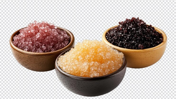 PSD exfoliantes corporales aromáticos aislados en fondo transparente para uso en spa y bienestar en diferentes aromas y texturas