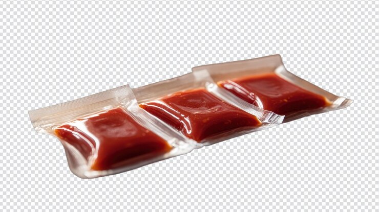 PSD se exhiben tres paquetes brillantes de condimento a base de tomate que ofrecen conveniencia para comer