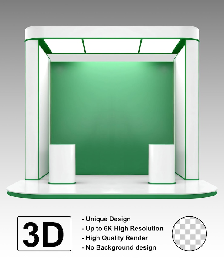 PSD exhibición de la cabina del evento mockup verde exhibición 3d render