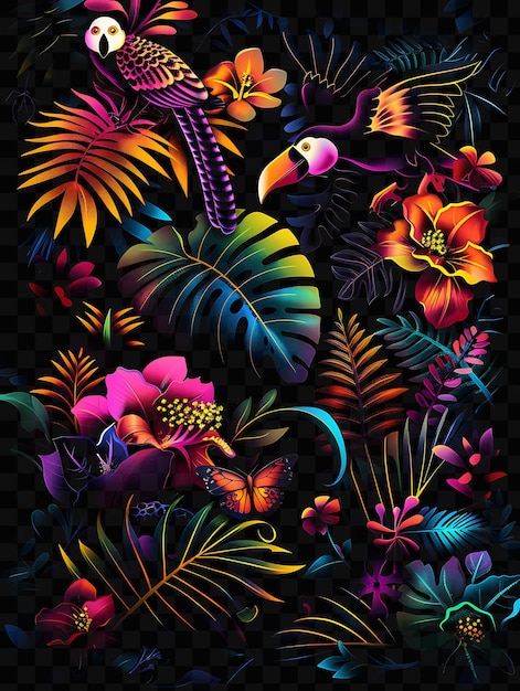 Una exhibición colorida de flores y pájaros con un fondo negro