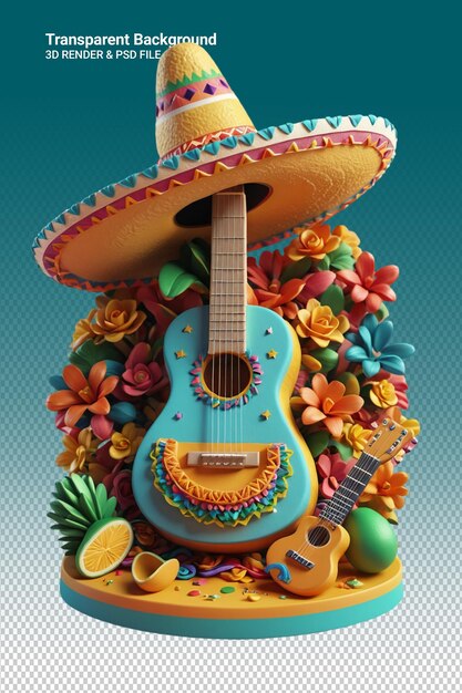 Una exhibición colorida de una guitarra y un sombrero
