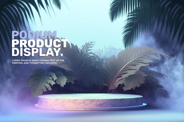 Exhibición de escenario de podio abstracto para la presentación de productos con nubes ligeras y hojas de palmeras tropicales 3d