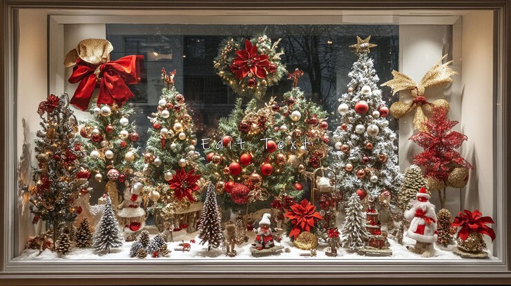 PSD exhibición festiva en las ventanas de navidad con árboles en miniatura, adornos y estatuillas