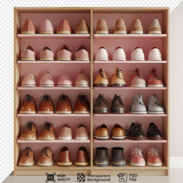 Exhibición de fondo transparente de primera calidad Colección de zapatos Estilos diversos Estantes organizados de alta resolución