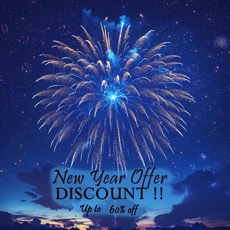 PSD una exhibición de fuegos artificiales para el feliz año nuevo una oferta realista de venta de año nuevo o una plantilla de banner de descuento