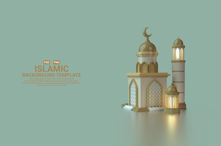 PSD exhibición islámica en 3d con mezquita minimalista creativa y linternas brillantes