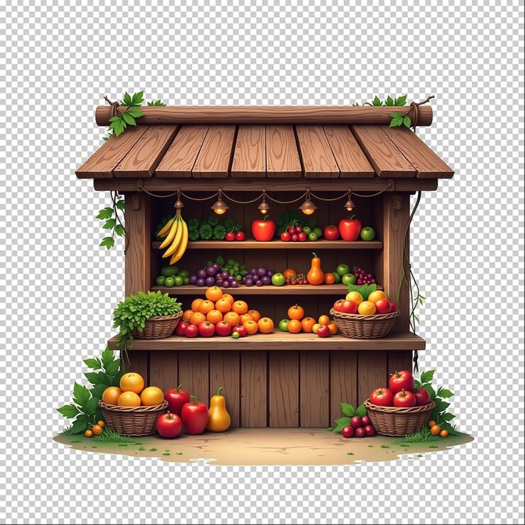 una exhibición de madera de frutas y verduras con una caja de frutas en la parte inferior