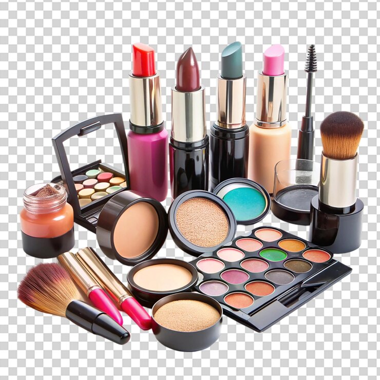 PSD exhibición de maquillaje en una mesa sobre un fondo transparente