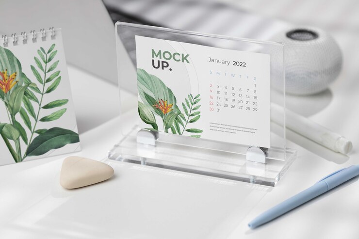 PSD exhibición de mesa con maqueta de calendario en la vida real