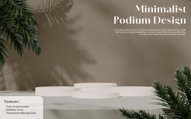 Exhibición minimalista con dos podios blancos que proyectan sombras sobre un fondo beige
