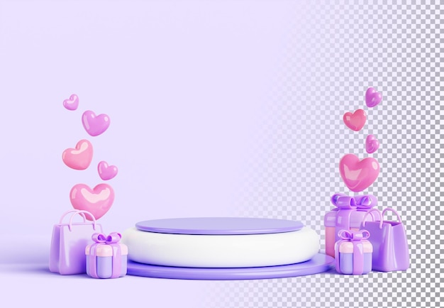 PSD exhibición de podio 3d con cajas de regalos bolsas de compras y corazones rosados día de san valentín o día de la boda plataforma de escenario vacía con paquete de amor para la presentación del producto en fondo púrpura