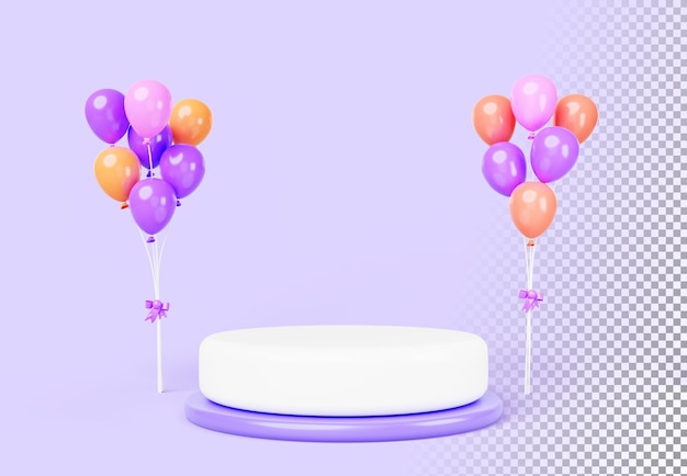 PSD exhibición de podio de soporte de vacaciones en 3d con globos de aire de color para la presentación del producto piezas de premios vacías con decoración de celebración en fondo púrpura bandera de venta de cumpleaños