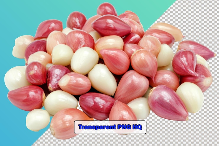 PSD una exhibición visualmente atractiva de chalotes y dientes de ajo pelados artísticamente posicionados sobre un fondo blanco prístino perfecto para la fotografía de alimentos y la inspiración para cocinar