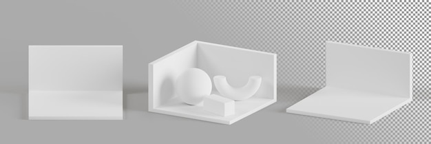 PSD exibição de cabine vazia branca para feira isométrica 3d render icon set estande de exposição para apresentação evento maquete quiosque de canto com paredes formas geométricas pódio em galeria de arte ilustração 3d