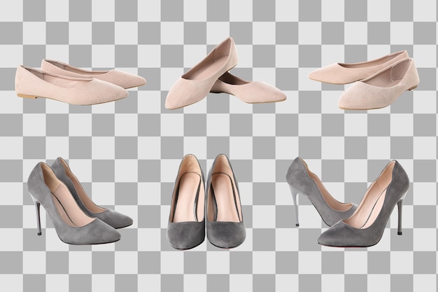 Exibição de elegantes sapatos planos e de salto em cores neutras isolados em PNG branco