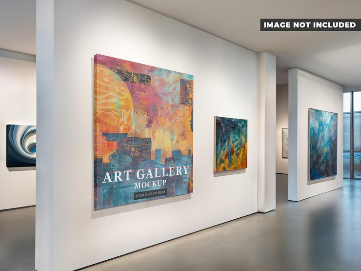 PSD exibição de galeria de arte mockup com pinturas em tela