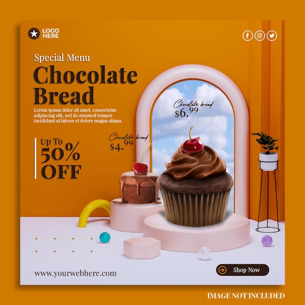 Exibição de menu de bolo com renderização de fundo de pódio 3d para modelo de postagem instagram