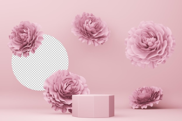 Exibição vazia com flor rosa para renderização em 3d de apresentação